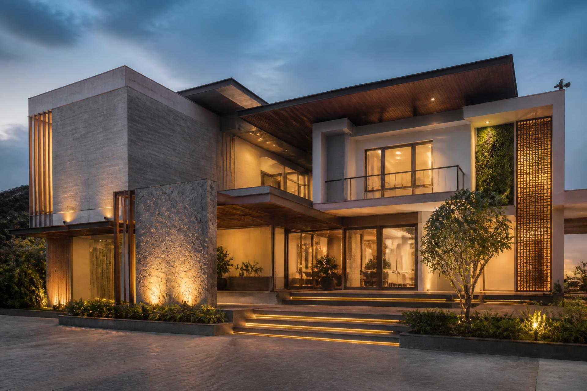 Modern architectural residence at dusk built by Dream Palace Constructions